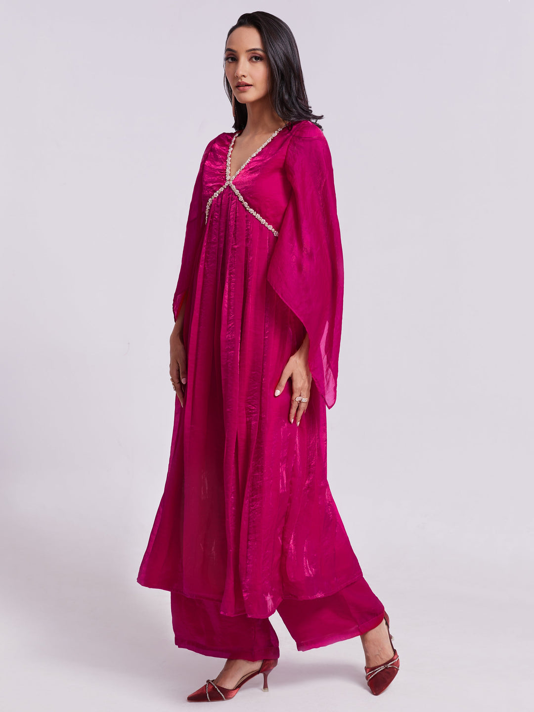 Fantastic Pink Lace Work Organza Party Wear Kurta With Palazzo