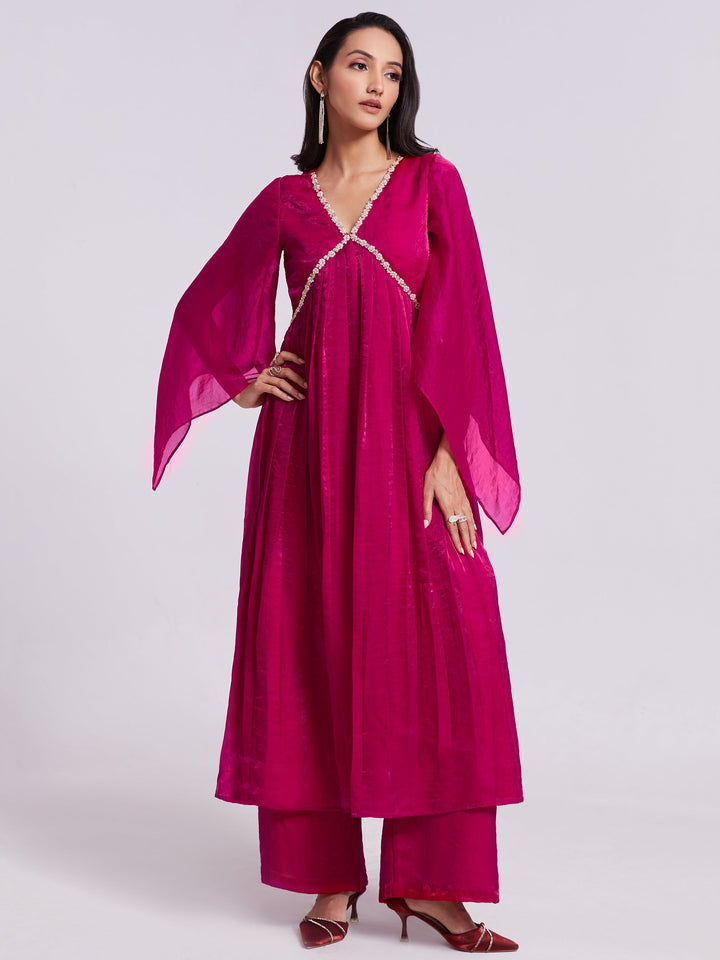 Fantastic Pink Lace Work Organza Party Wear Kurta With Palazzo