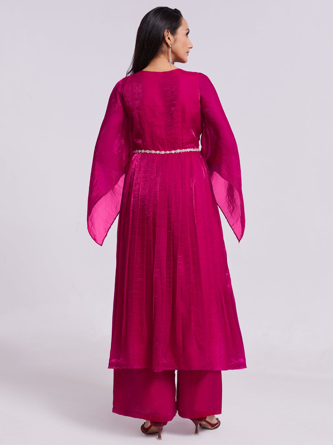 Fantastic Pink Lace Work Organza Party Wear Kurta With Palazzo