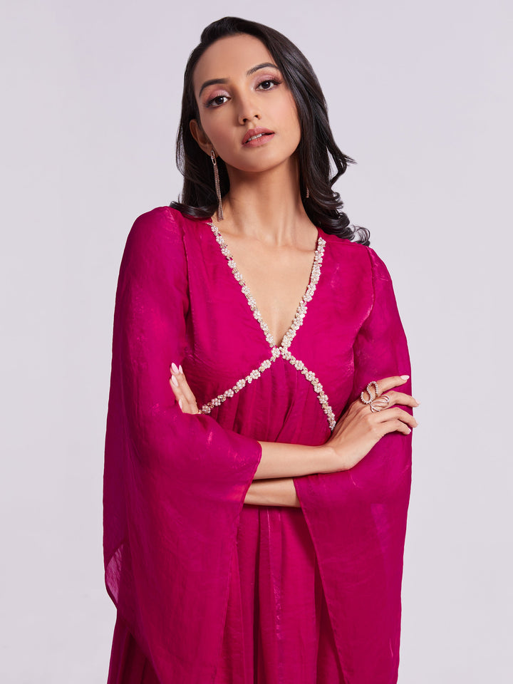 Fantastic Pink Lace Work Organza Party Wear Kurta With Palazzo