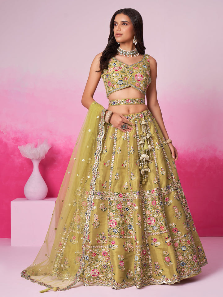 Designer Mustard Silk Lehenga | Sequin & Embroidery Detailing