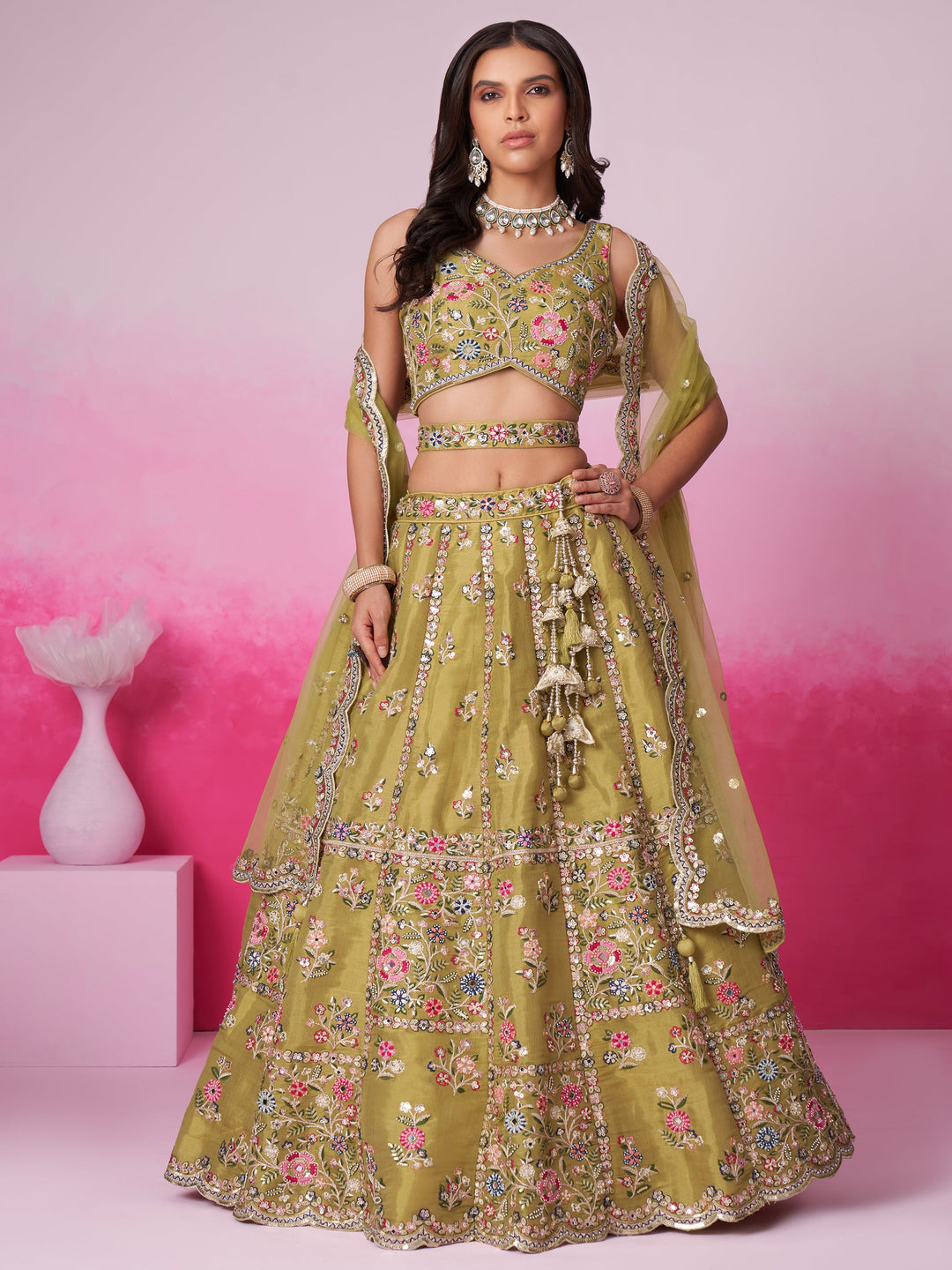 Designer Mustard Silk Lehenga | Sequin & Embroidery Detailing