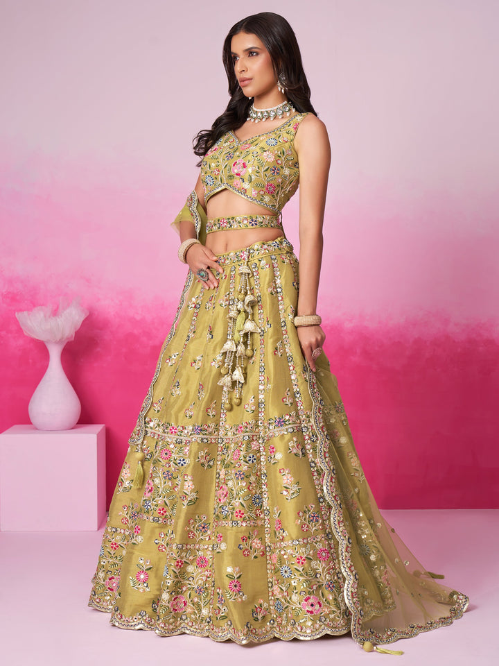 Designer Mustard Silk Lehenga | Sequin & Embroidery Detailing