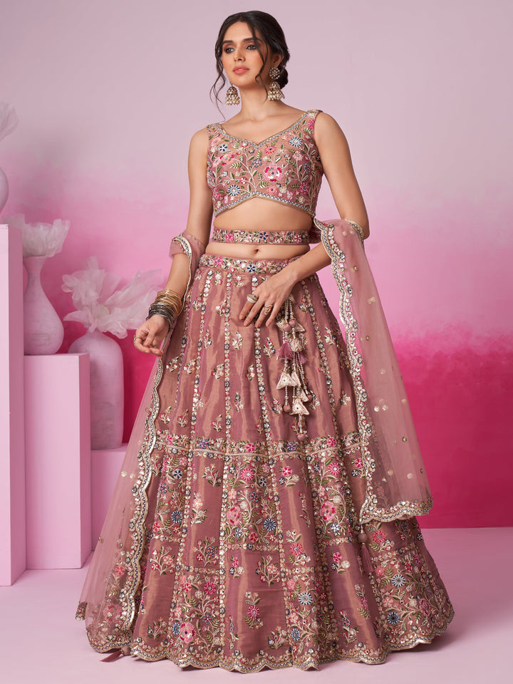 Rose Gold Silk Lehenga | Sequin & Embroidered Work