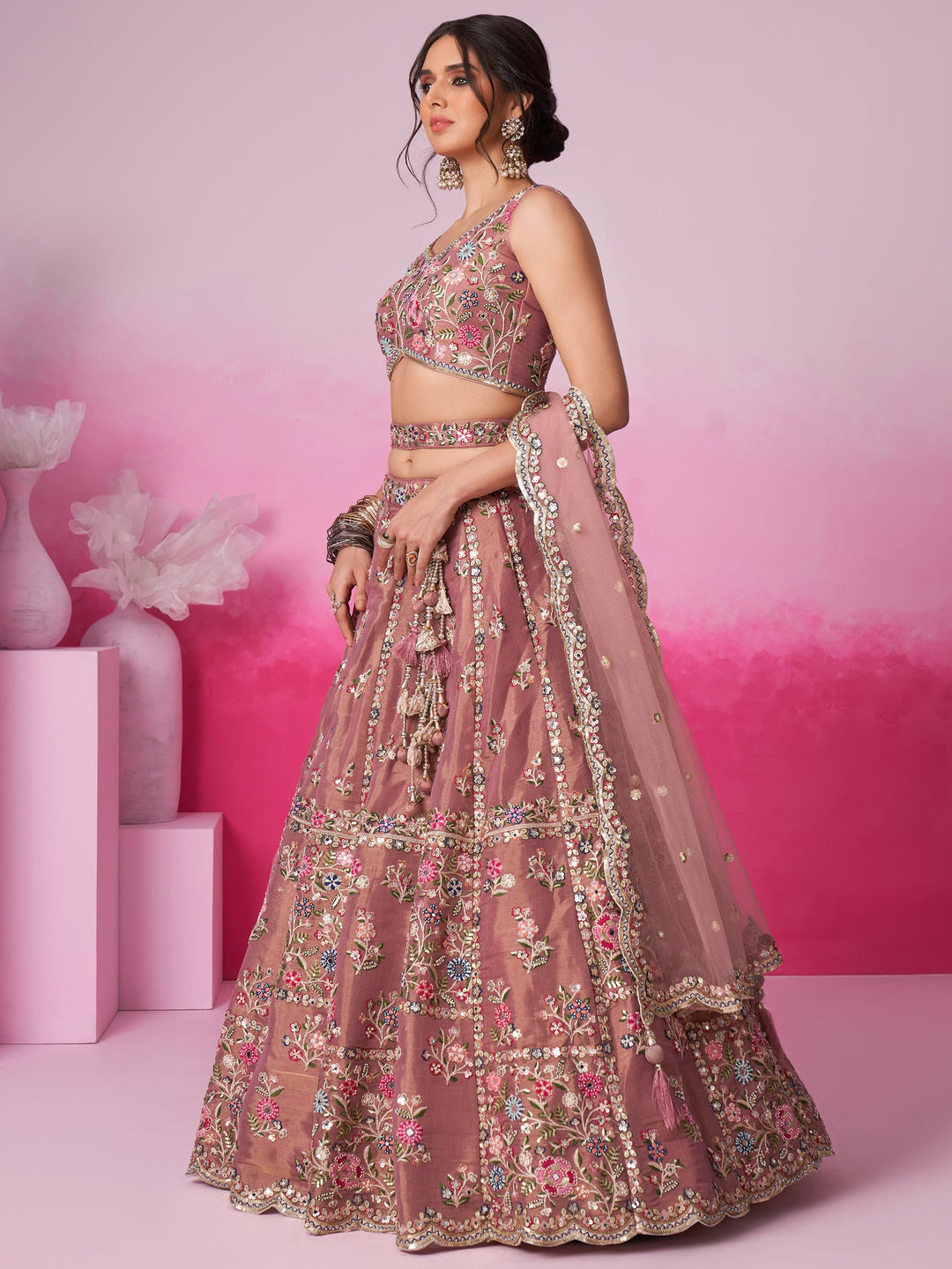 Rose Gold Silk Lehenga | Sequin & Embroidered Work