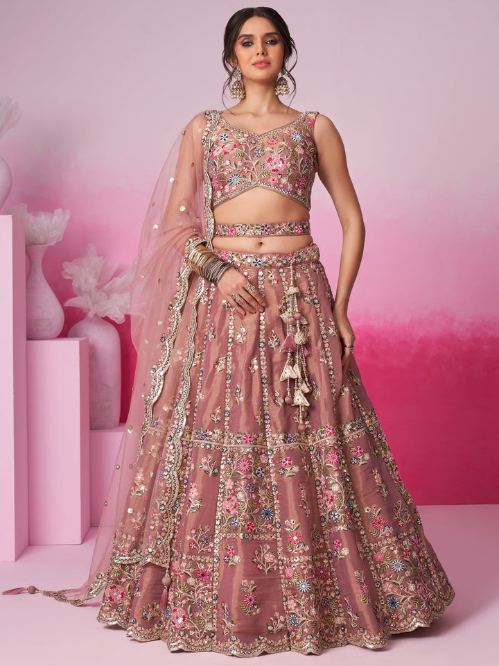 Rose Gold Silk Lehenga | Sequin & Embroidered Work