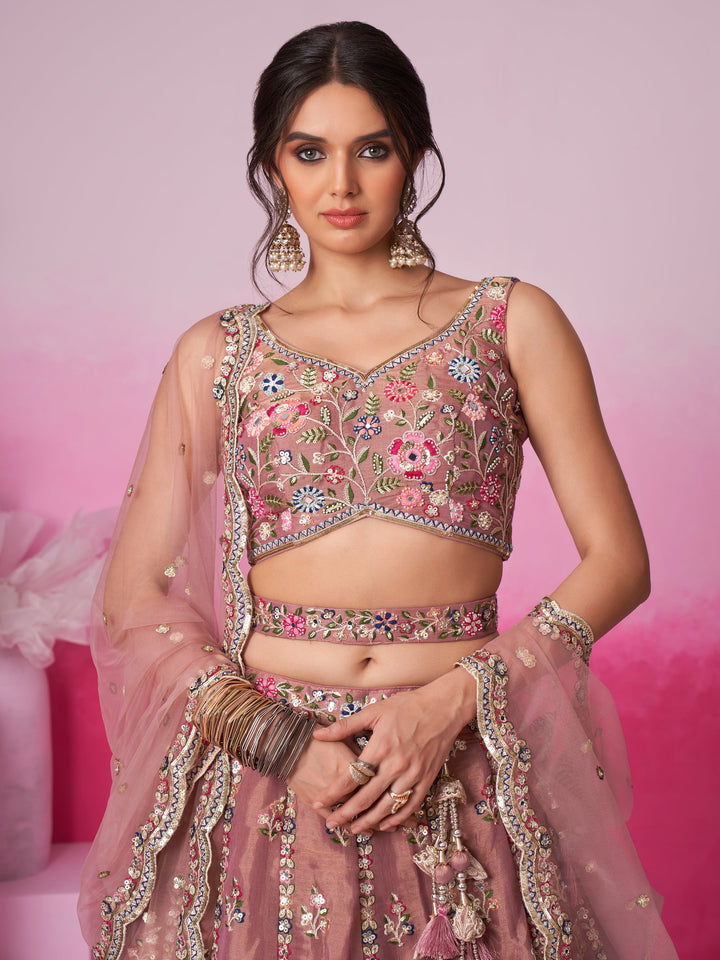 Rose Gold Silk Lehenga | Sequin & Embroidered Work