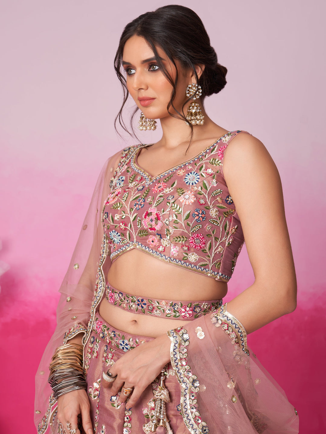 Rose Gold Silk Lehenga | Sequin & Embroidered Work