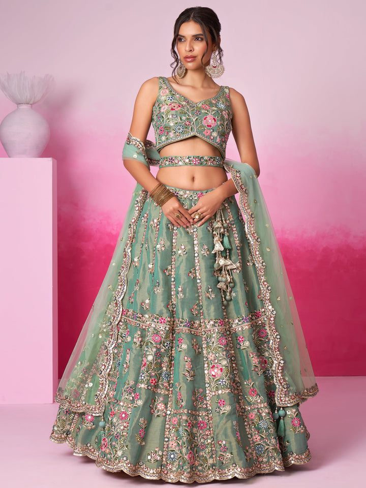 Designer Sea Green Lehenga | Silk & Sequin Work with Embroidered Dupatta