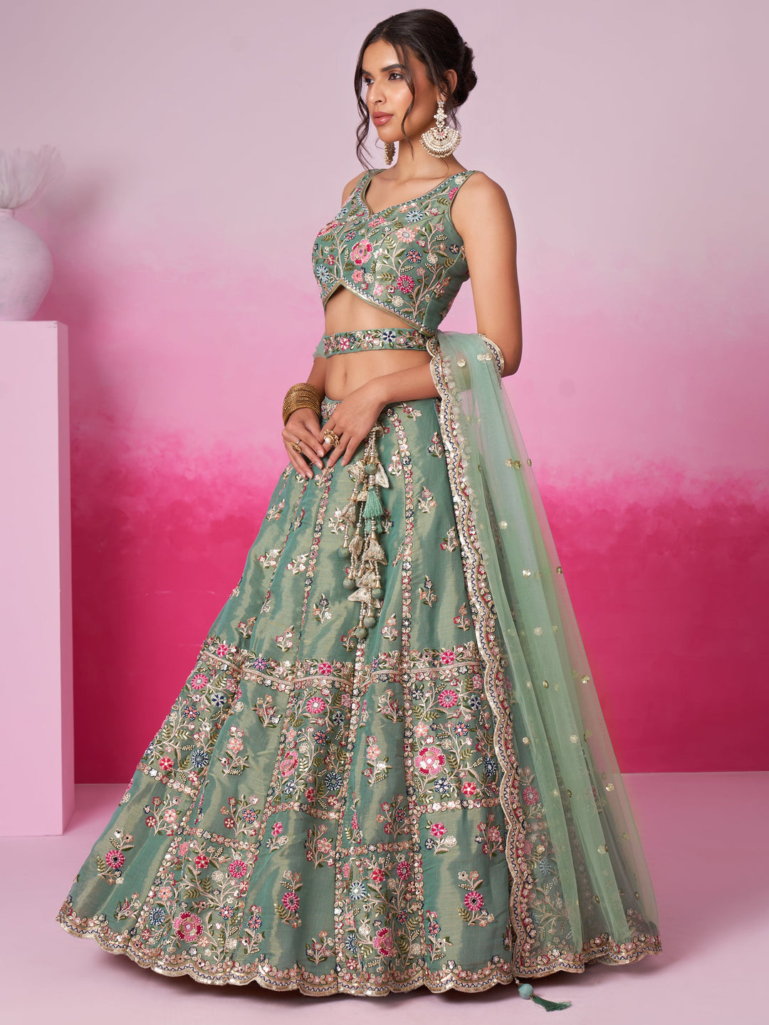 Designer Sea Green Lehenga | Silk & Sequin Work with Embroidered Dupatta