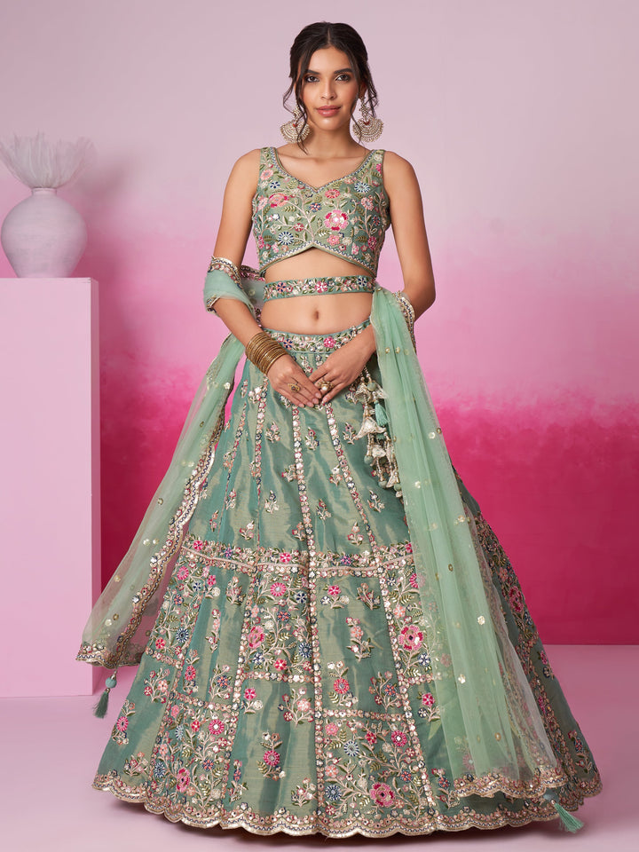 Designer Sea Green Lehenga | Silk & Sequin Work with Embroidered Dupatta