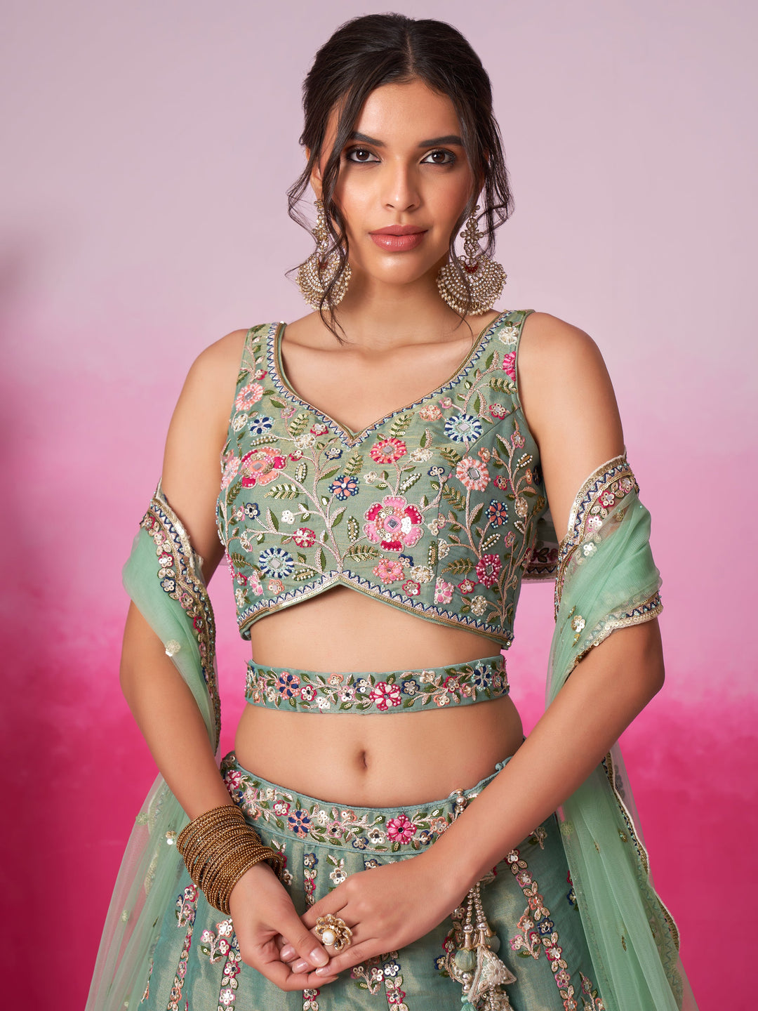 Designer Sea Green Lehenga | Silk & Sequin Work with Embroidered Dupatta