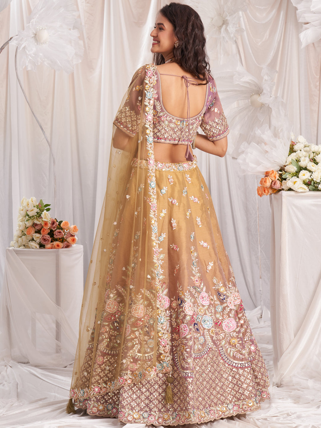 Elegant Brown Tissue Silk Lehenga | Custom Fit with Pink Sequin Choli