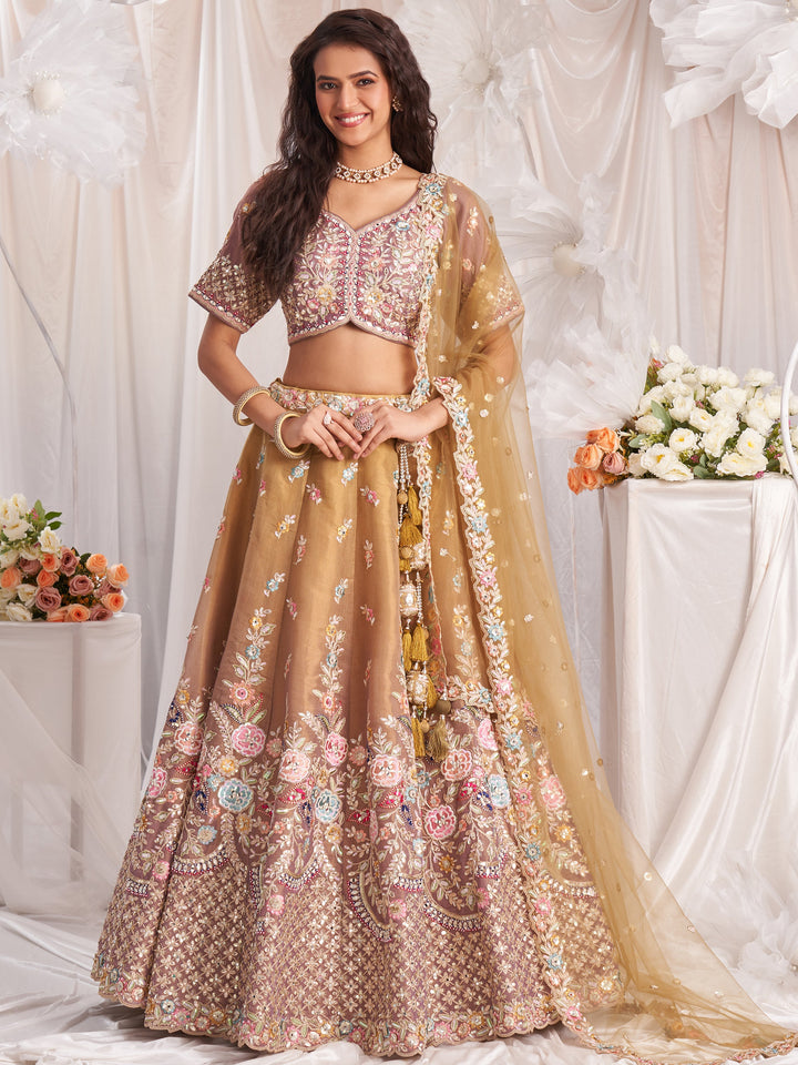 Elegant Brown Tissue Silk Lehenga | Custom Fit with Pink Sequin Choli