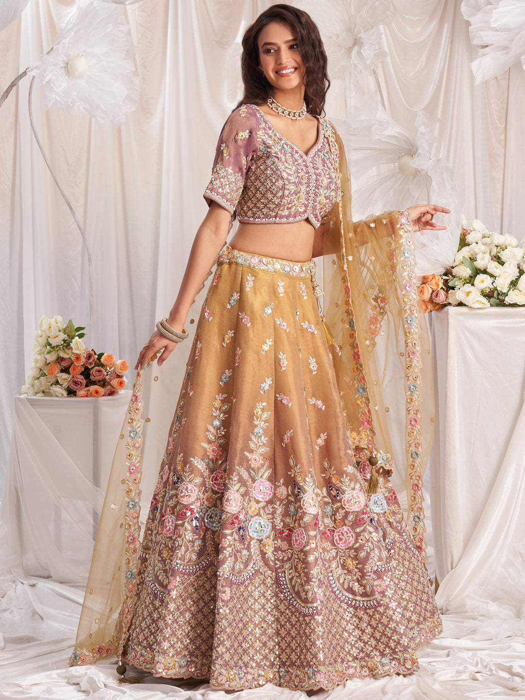 Elegant Brown Tissue Silk Lehenga | Custom Fit with Pink Sequin Choli