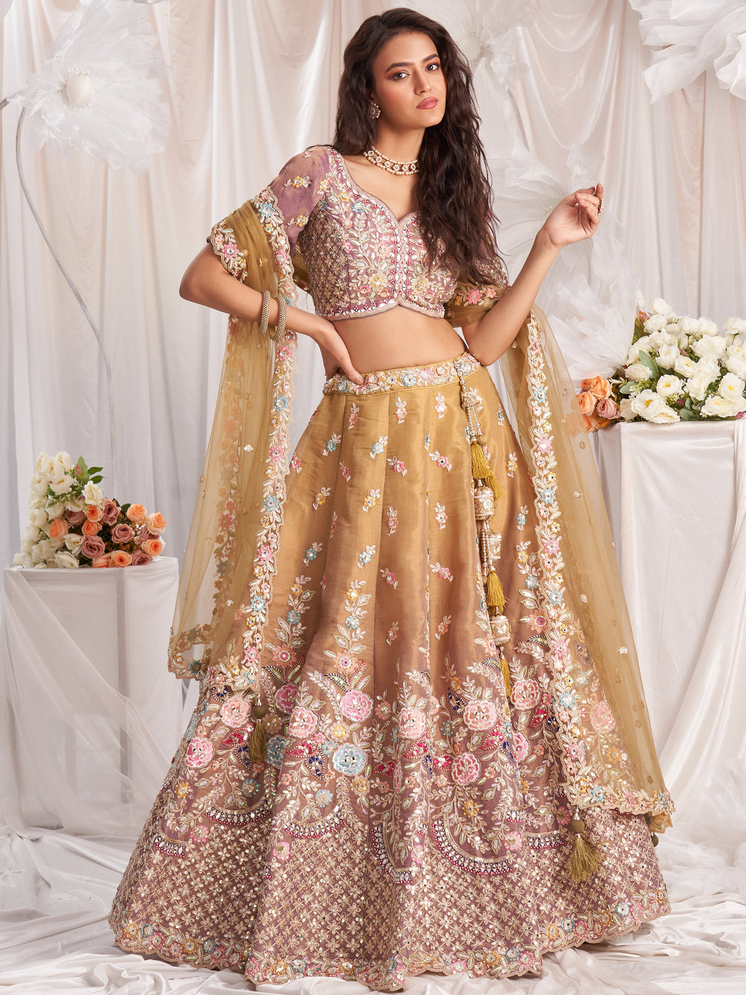 Elegant Brown Tissue Silk Lehenga | Custom Fit with Pink Sequin Choli