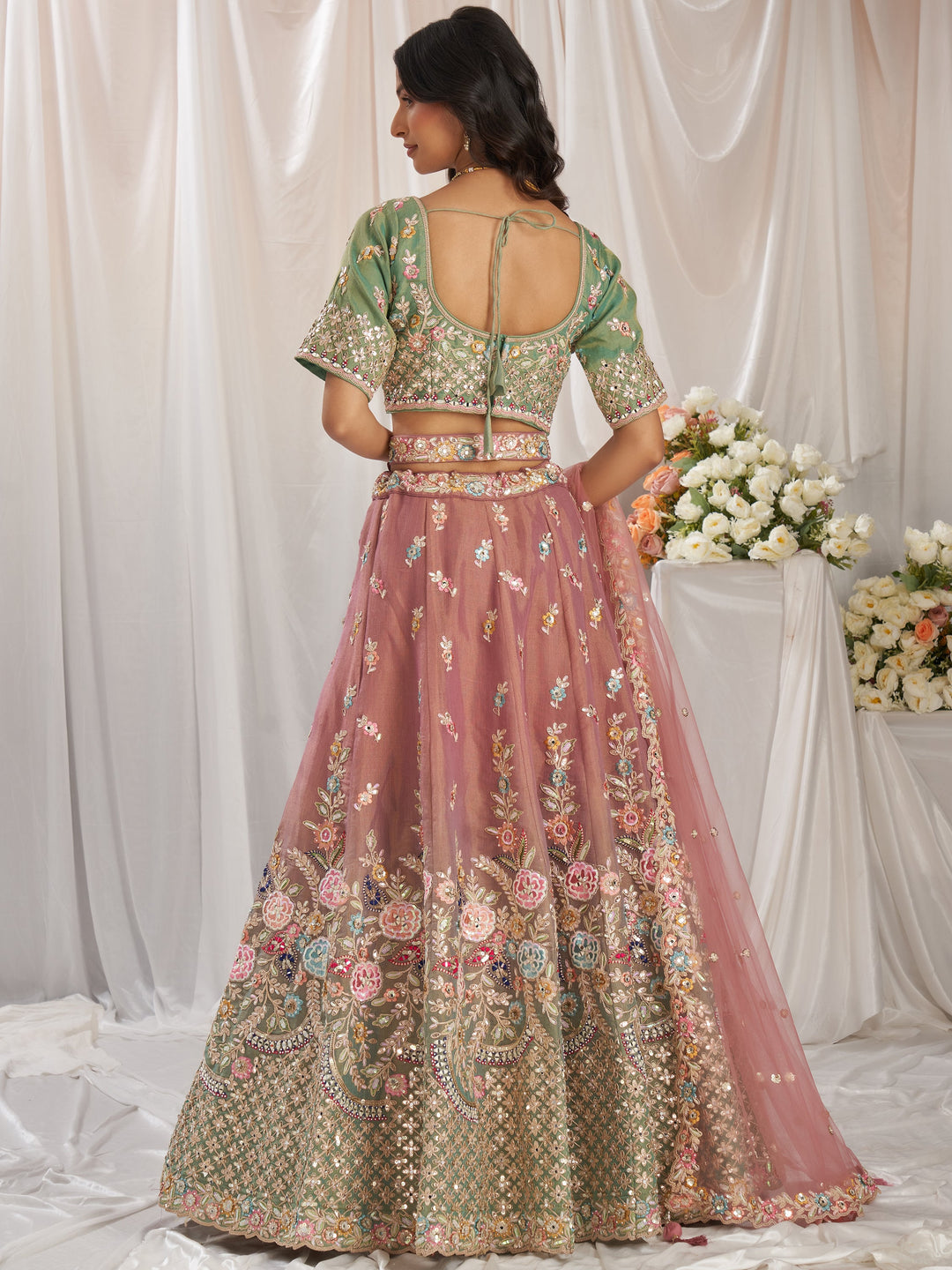 Pink Tissue Silk Lehenga Set | Pista Green Choli & Sequin Detailing