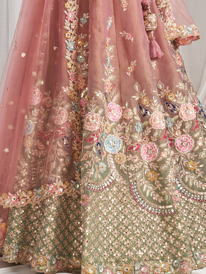 Pink Tissue Silk Lehenga Set | Pista Green Choli & Sequin Detailing