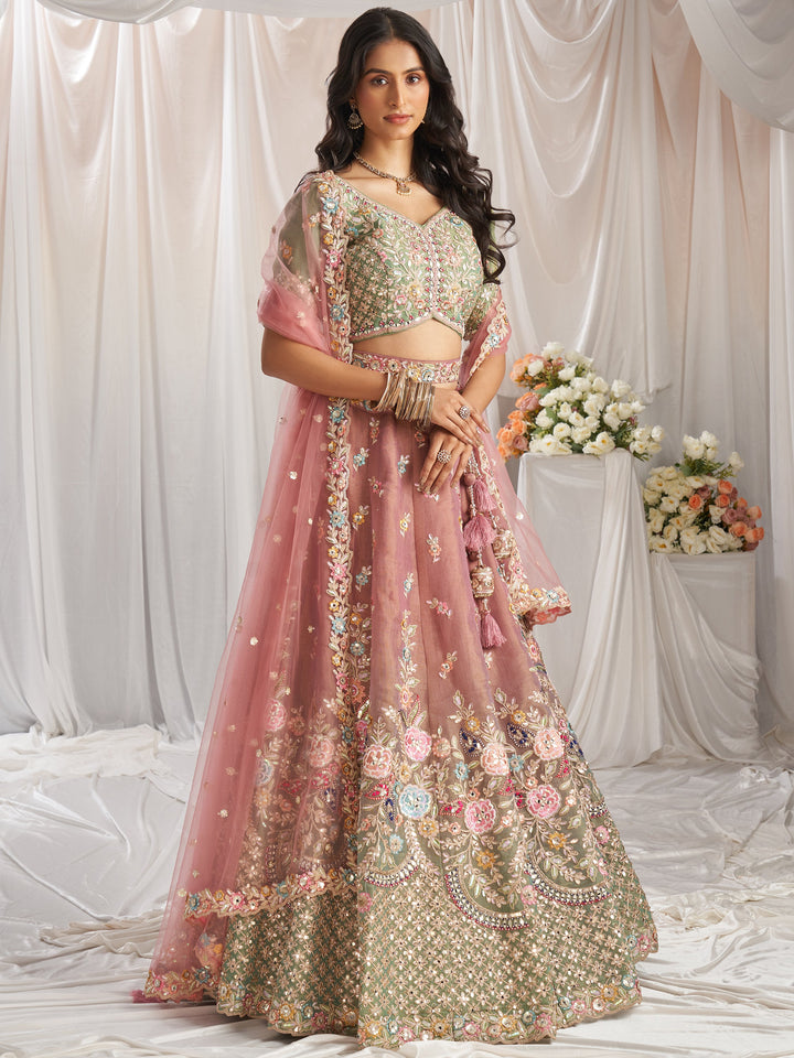 Pink Tissue Silk Lehenga Set | Pista Green Choli & Sequin Detailing