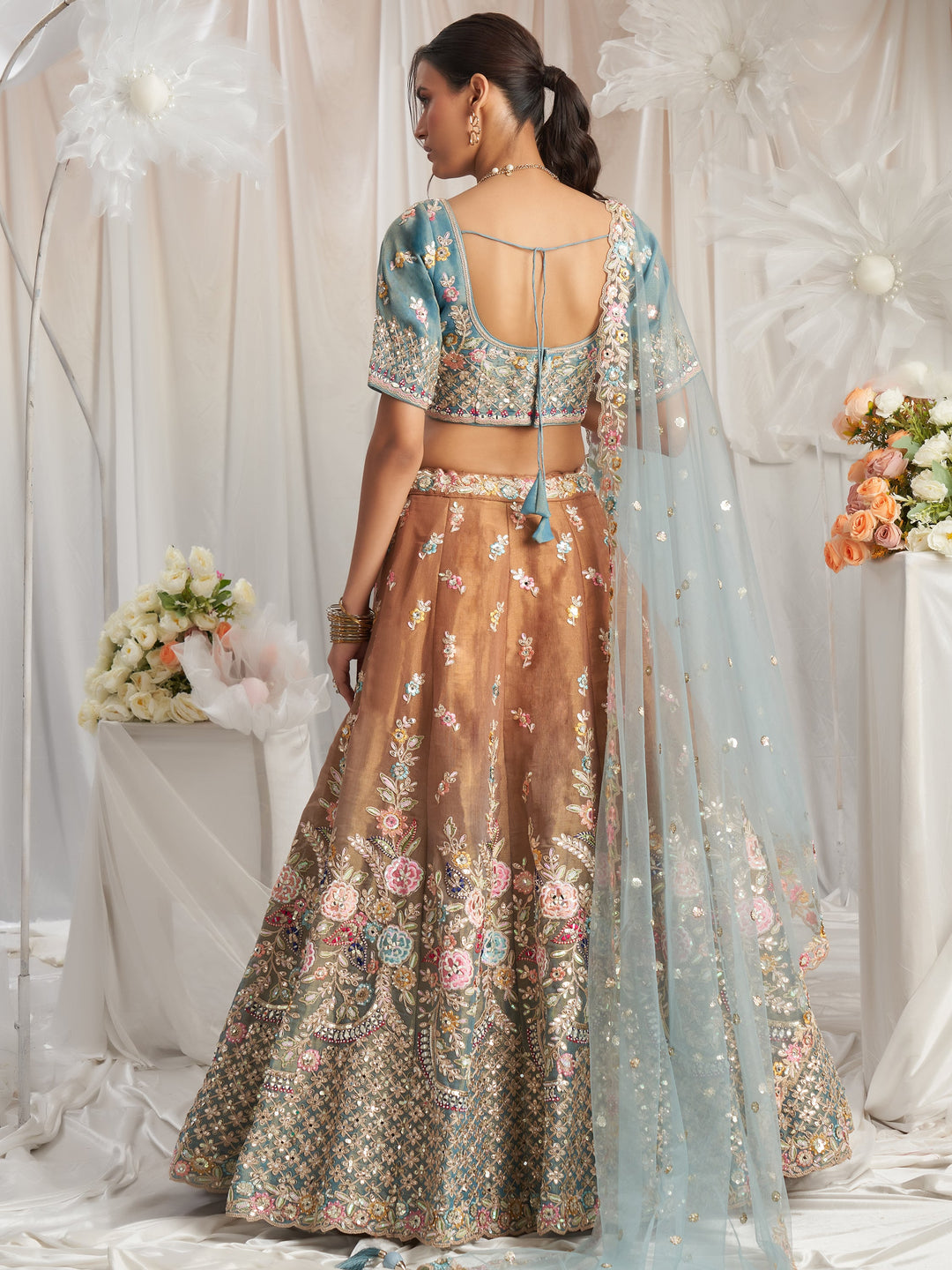 Luxe Brown Lehenga | Sequin Embroidered Sky-Blue Silk Choli & Net Dupatta