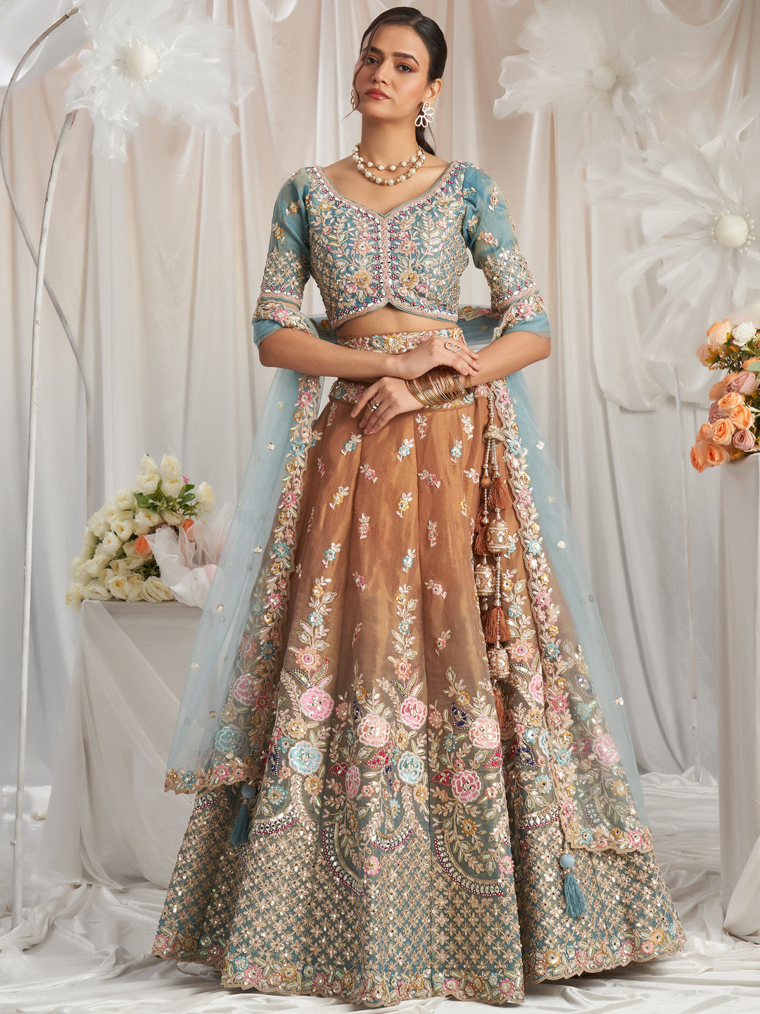 Luxe Brown Lehenga | Sequin Embroidered Sky-Blue Silk Choli & Net Dupatta