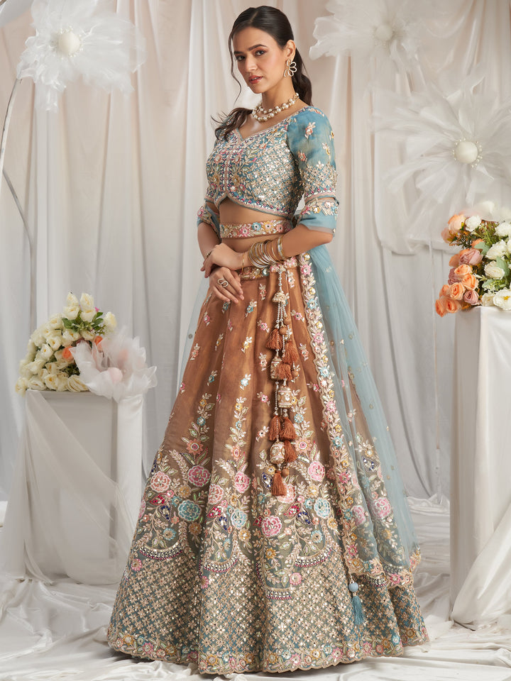 Luxe Brown Lehenga | Sequin Embroidered Sky-Blue Silk Choli & Net Dupatta