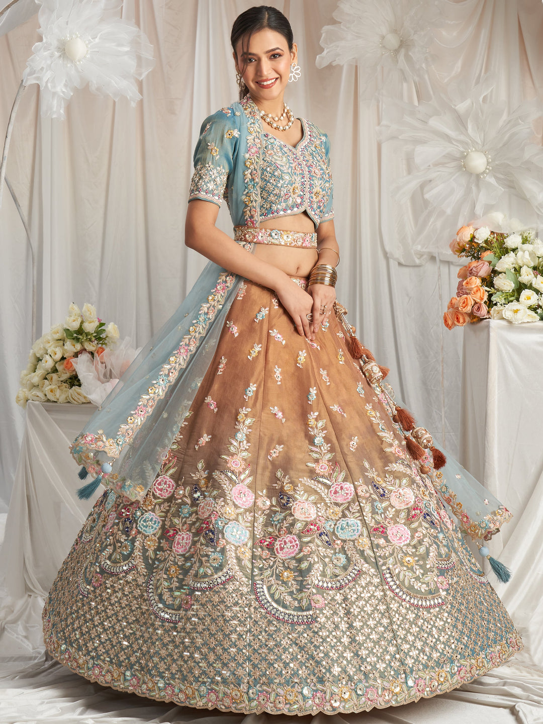 Luxe Brown Lehenga | Sequin Embroidered Sky-Blue Silk Choli & Net Dupatta