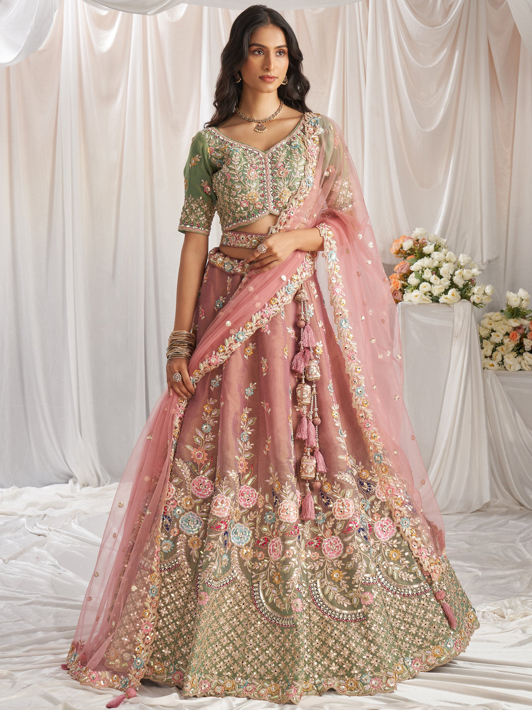 Pink Tissue Silk Lehenga Set | Pista Green Choli & Sequin Detailing