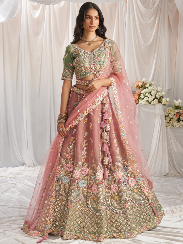 Pink Tissue Silk Lehenga Set | Pista Green Choli & Sequin Detailing