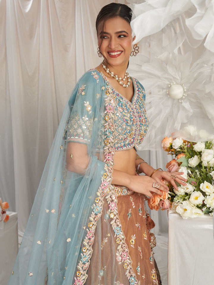 Luxe Brown Lehenga | Sequin Embroidered Sky-Blue Silk Choli & Net Dupatta