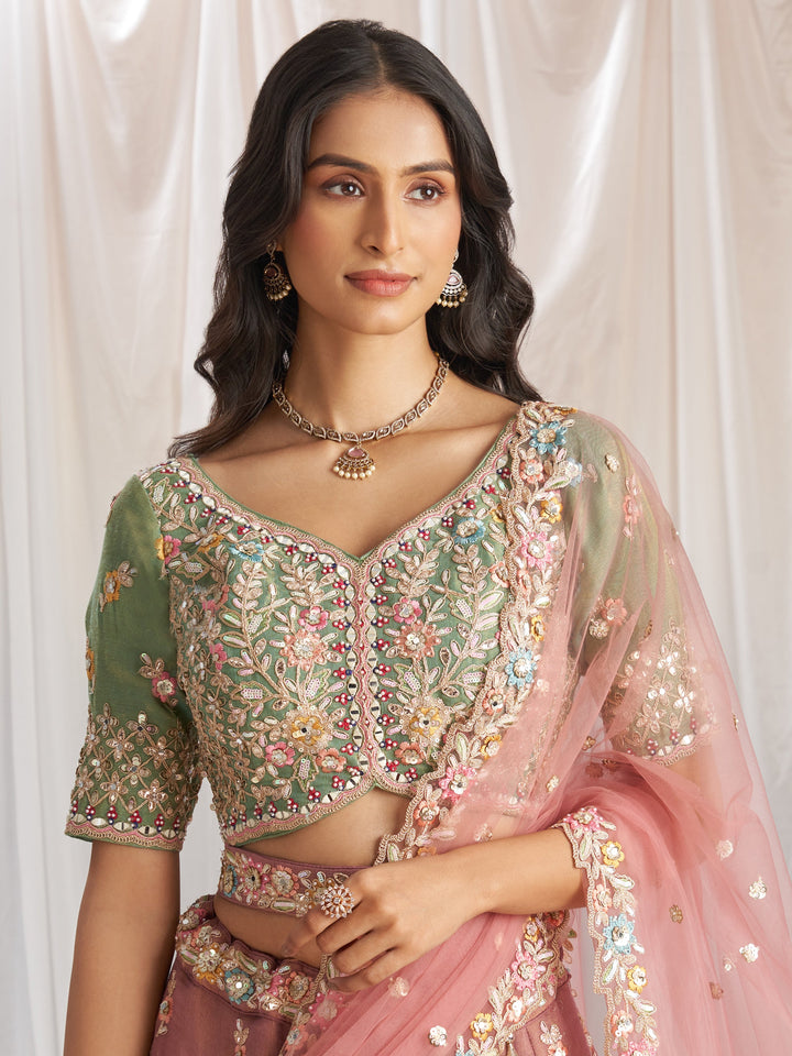 Pink Tissue Silk Lehenga Set | Pista Green Choli & Sequin Detailing