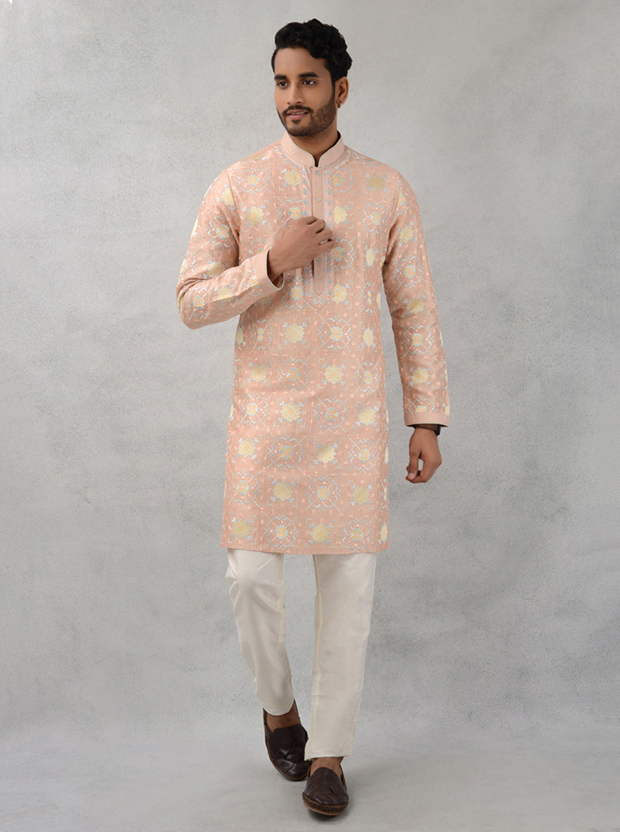 Peach silk embroidered kurta pajama, USA festive men’s wear