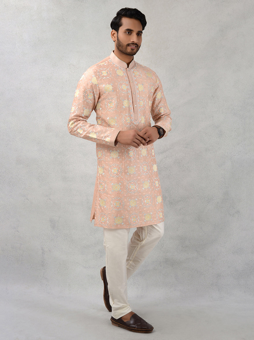 Peach silk kurta pajama for men, embroidered, USA festive wear