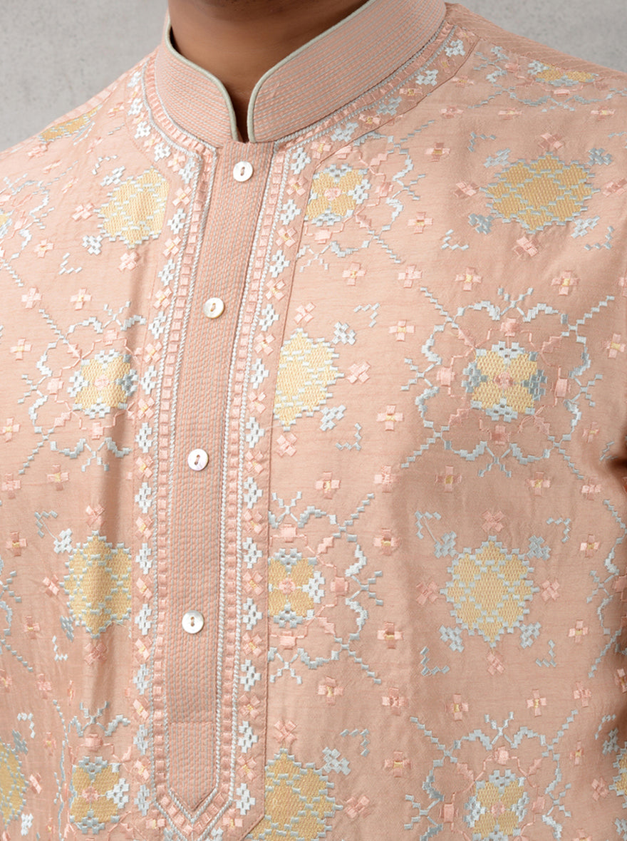 Stylish peach kurta pajama with embroidery, USA men’s ethnic wear