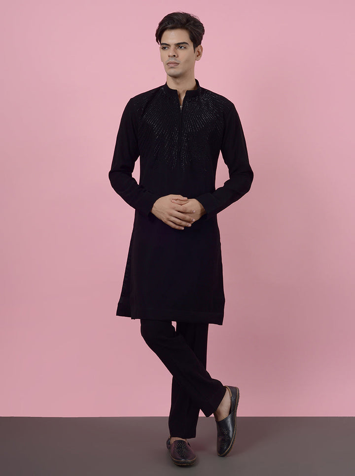 Men’s black sun silk kurta, perfect for USA sangeet and reception with embroidery.