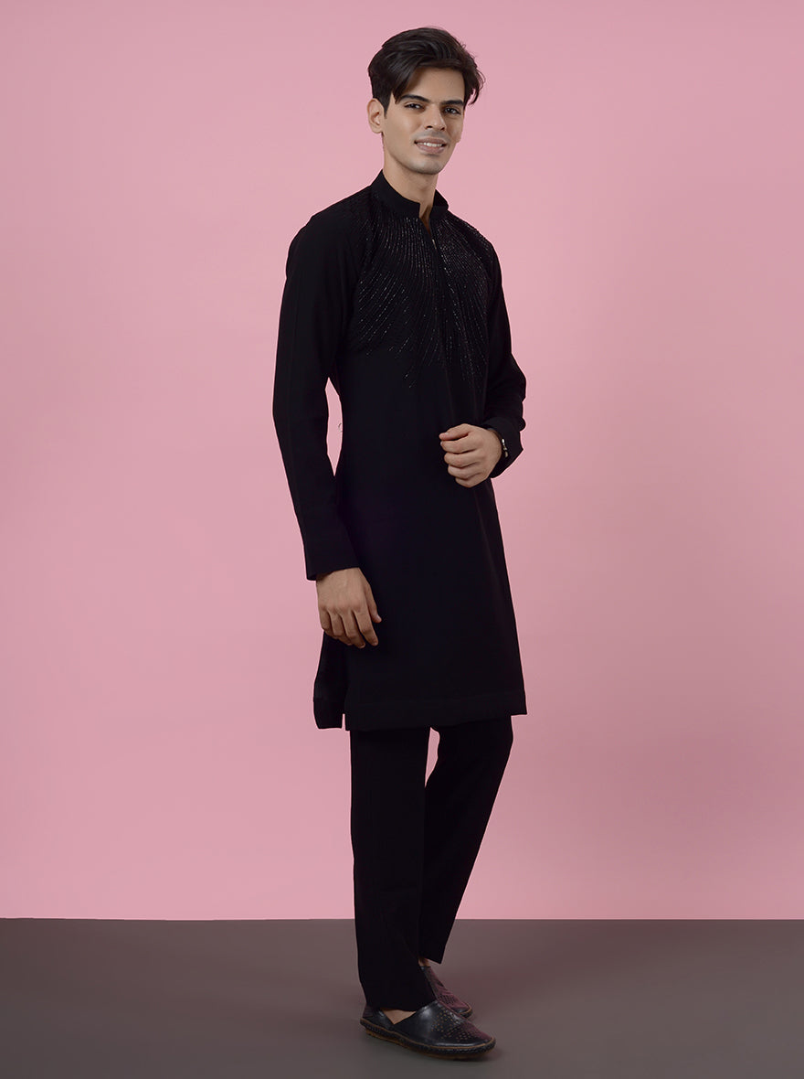 USA men’s black kurta pajama, crafted for sangeet and reception events.