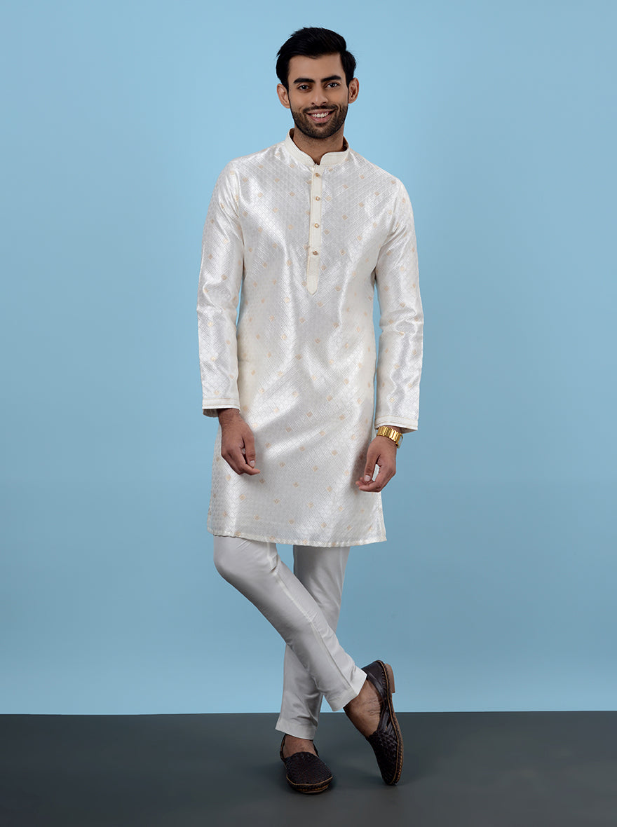 Elegant cream & gold kurta, silk fabric with embroidery for USA festive occasions.