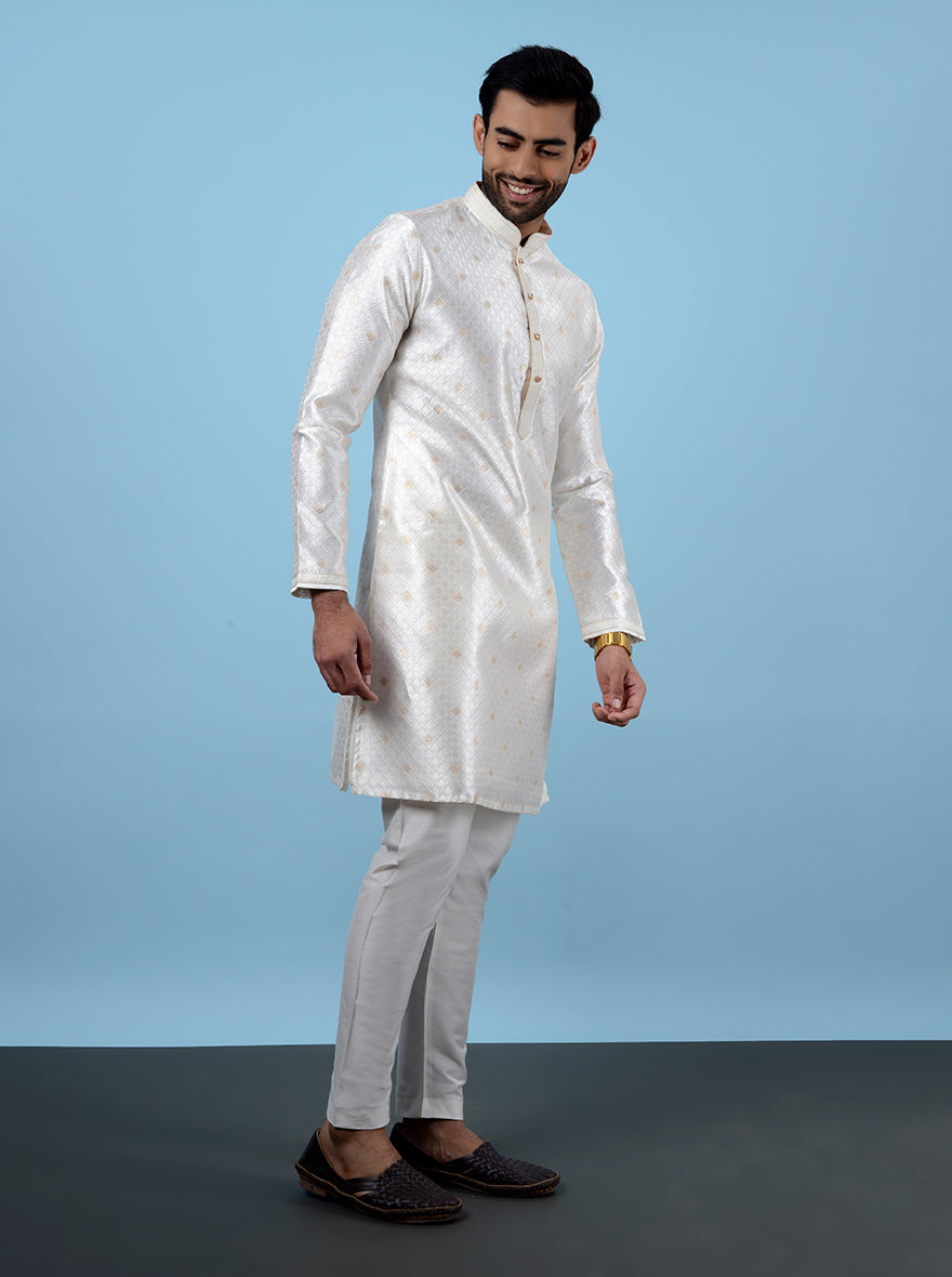 Embroidered cream & gold kurta pajama, perfect for USA men’s festive occasions.