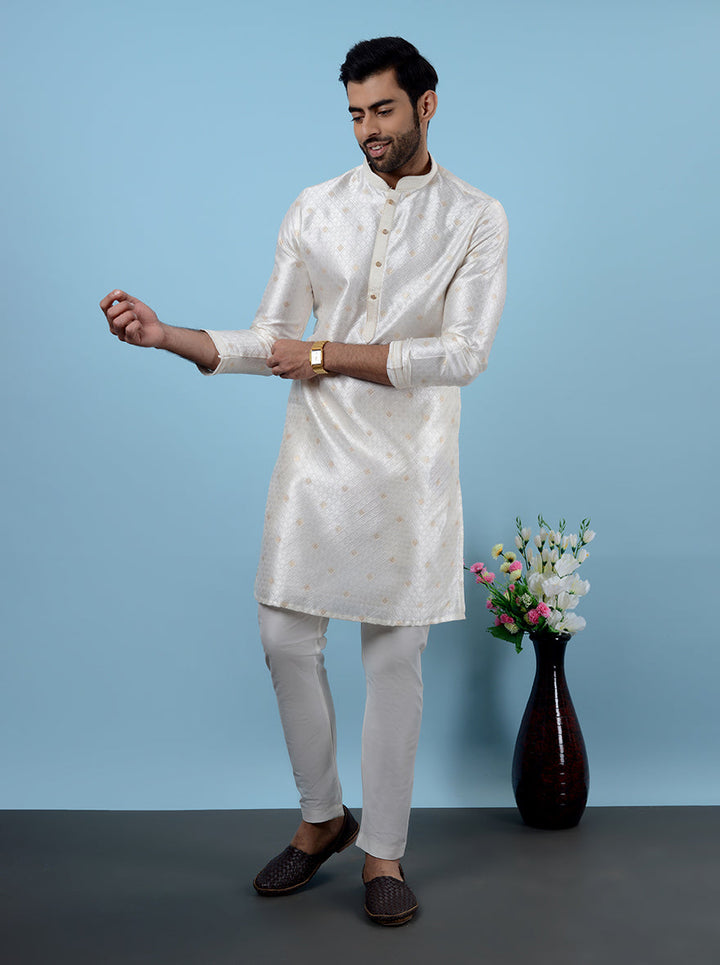 Premium silk cream & gold kurta pajama for men, crafted for USA celebrations.