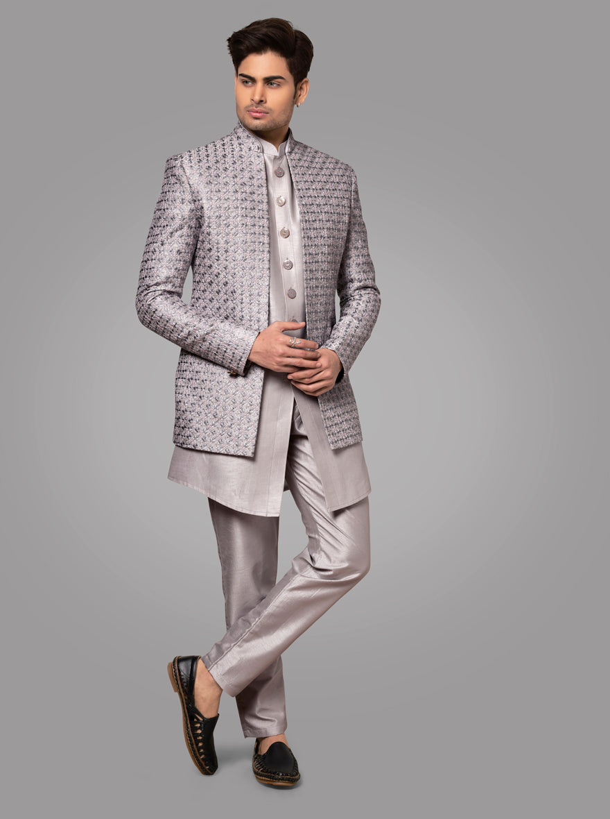 This stylish Men's Indowestern in light grey is designed for comfort and elegance, making it a great choice for engagements and sangeets in the USA.