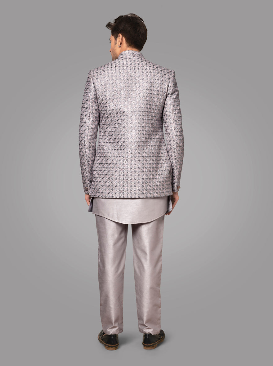 Light grey Indowestern with intricate resham embroidery and front-open design