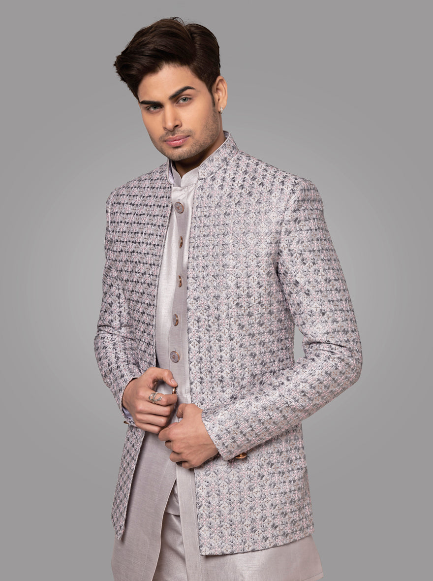 Discover the perfect blend of style and comfort with this light grey Men's Indowestern, featuring intricate embroidery for special occasions in the USA.