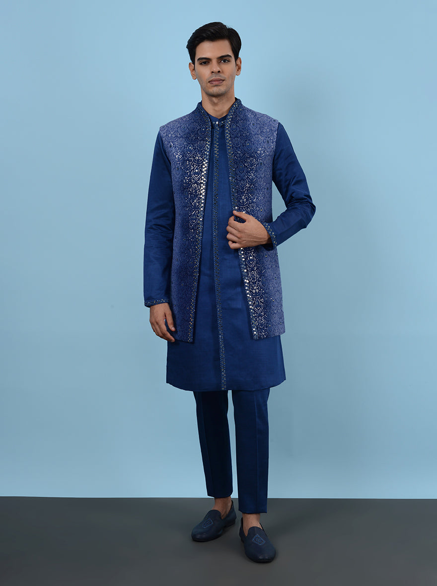 Silk blend blue kurta pajama with koti, designed for USA men’s special events.