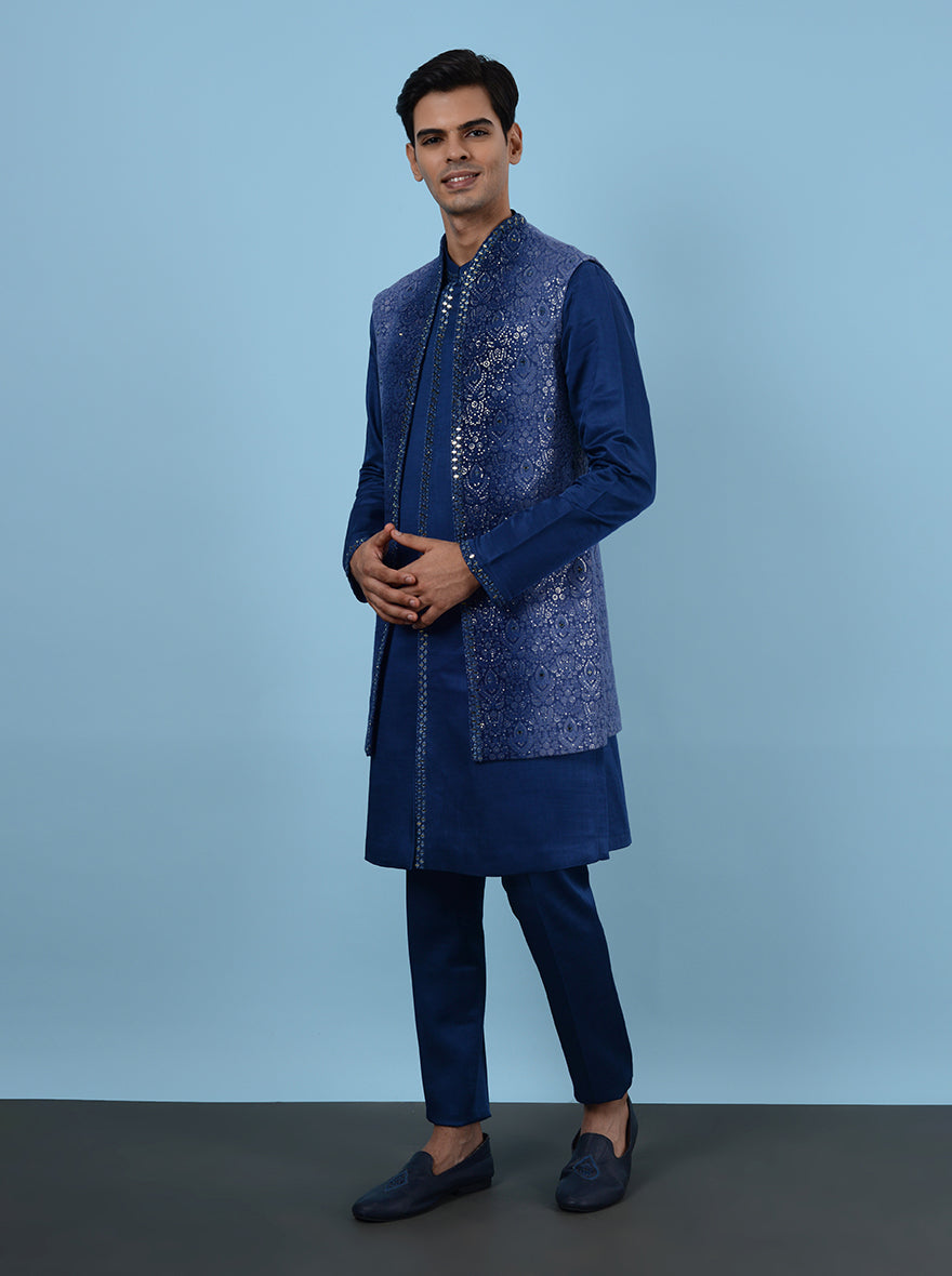 Stylish blue kurta set with koti, perfect for USA engagement ceremonies.