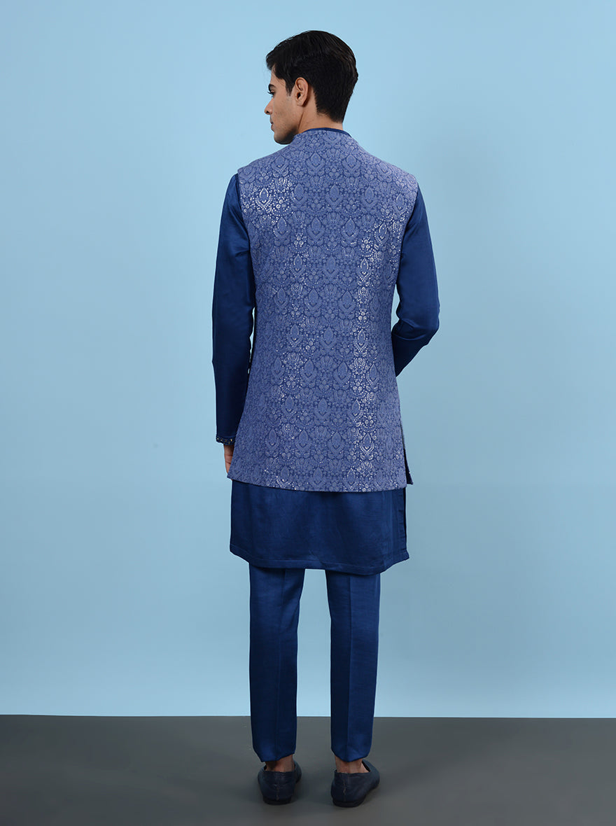 USA men’s blue kurta pajama with koti, crafted from silk blend for engagements.