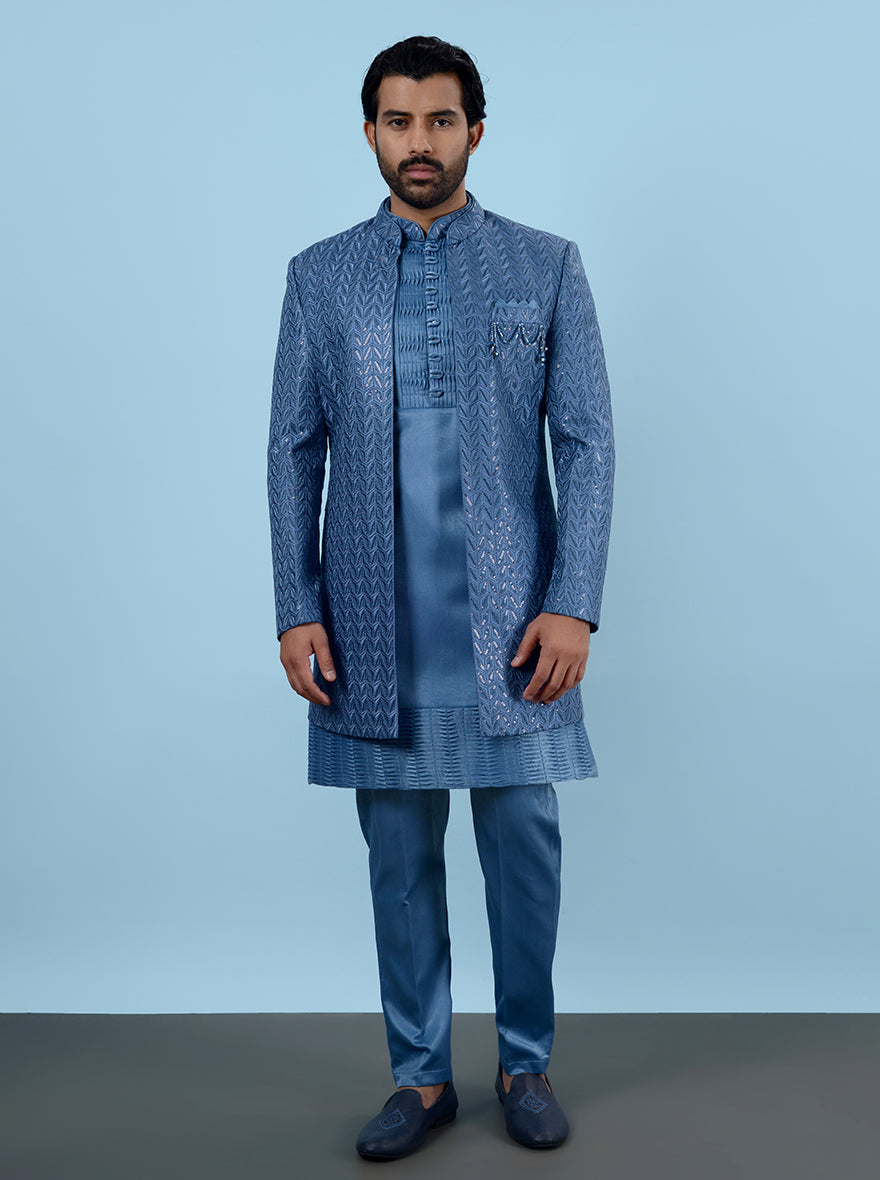 Make an impression at sangeet celebrations in the USA with this fashionable Blue Indowestern, designed with soft silk blend fabric and stunning embroidery for a stylish finish.