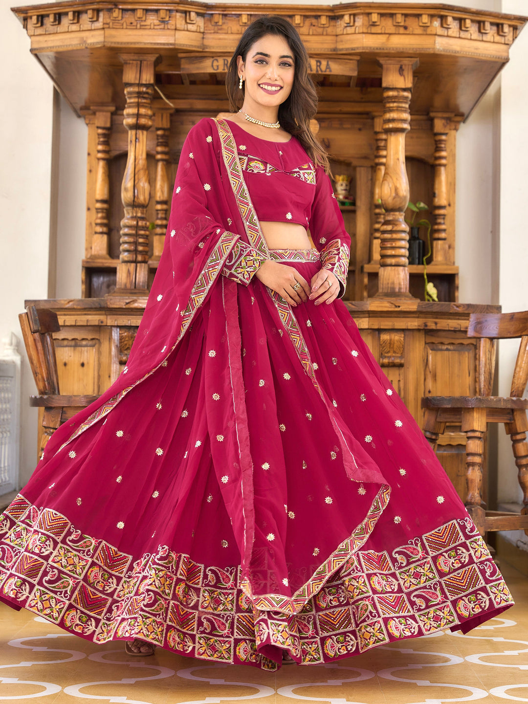 Astonishing Rani Pink Sequins Georgette Wedding Lehenga Choli