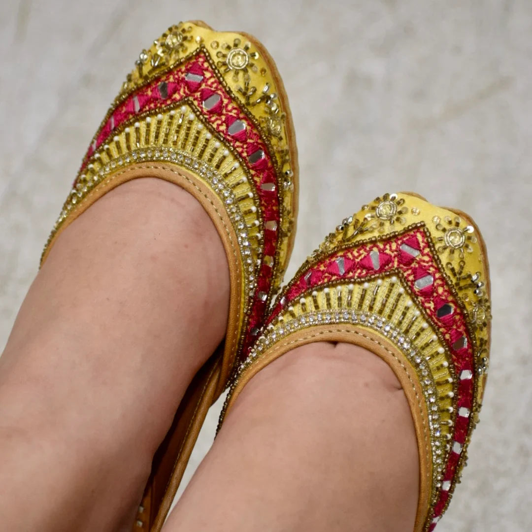 Two-Tone Yellow and Pink Jutti | Intricate Dabka Work for Festive Elegance