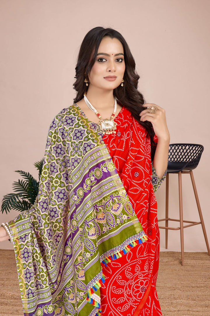 Traditional olive Bandhani saree with vibrant tie-dye work, perfect for cultural events and bridal wear in the USA.