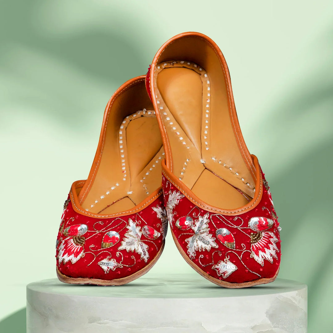 Royal Zardozi Jutti | Red Hand-Embroidered Footwear for Festive Occasions